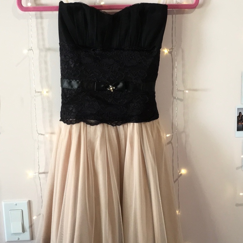 strapless lace mini dress with tie on the back